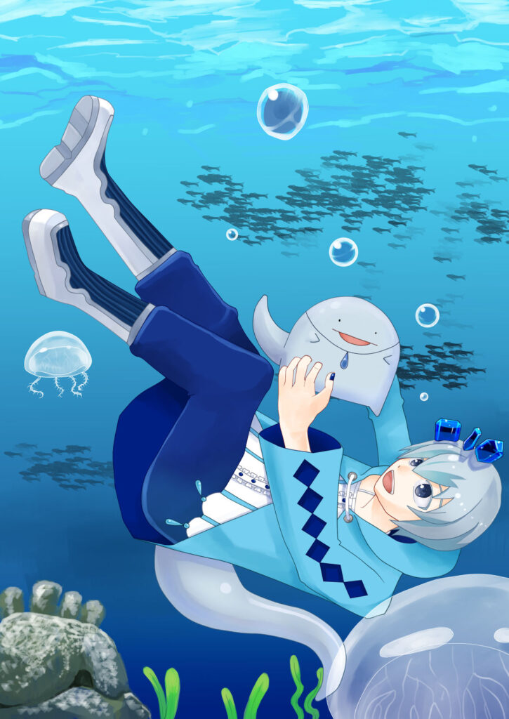 中性の人物が海に沈みながら笑っている。その手の中にはとかげ的生き物がいる。