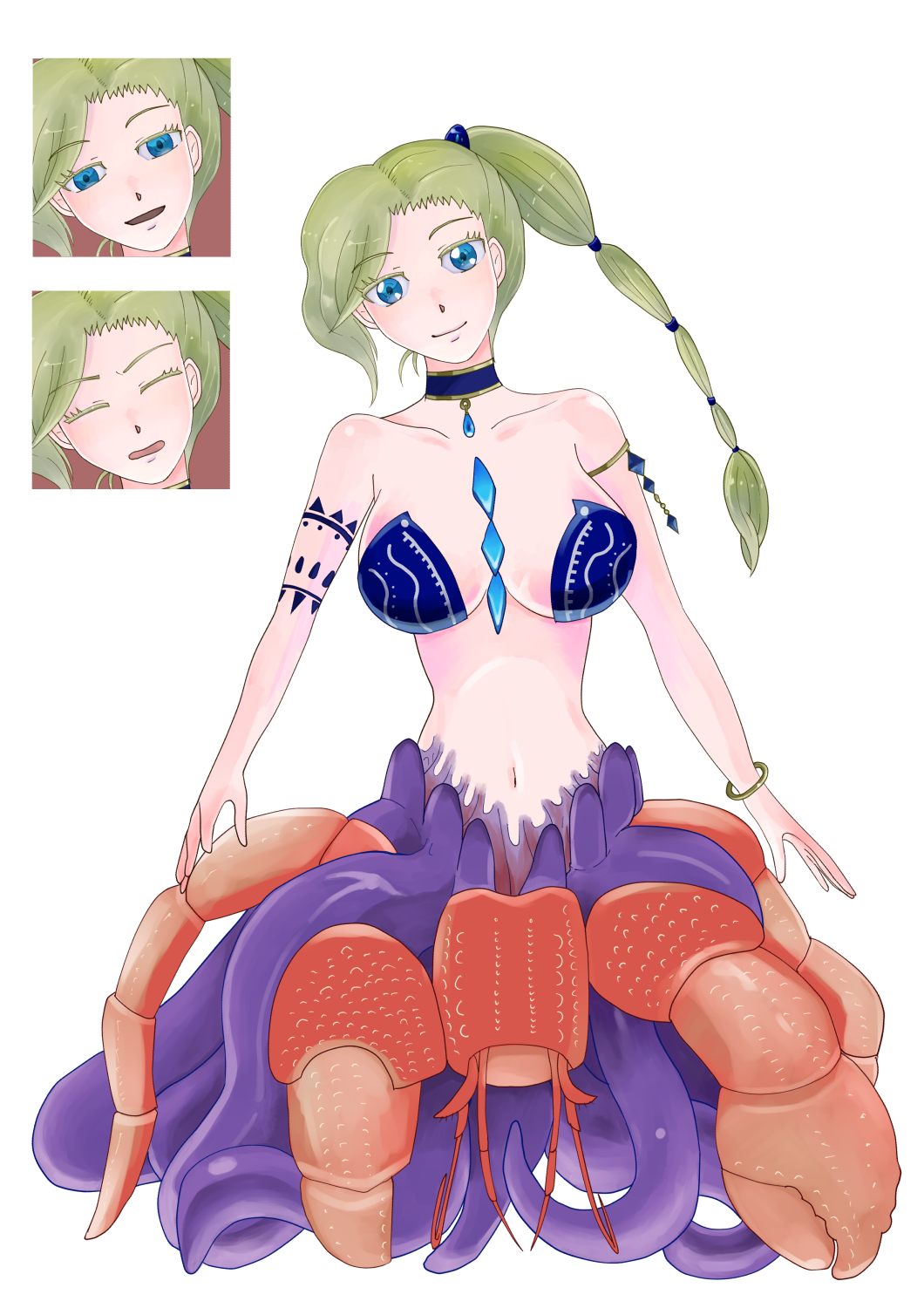 長い髪を何回も縛った女性。首飾りなどをつけ、上半身は胸当てのみの簡素な衣装。下半身は甲殻類と触手が共に付いている状態。