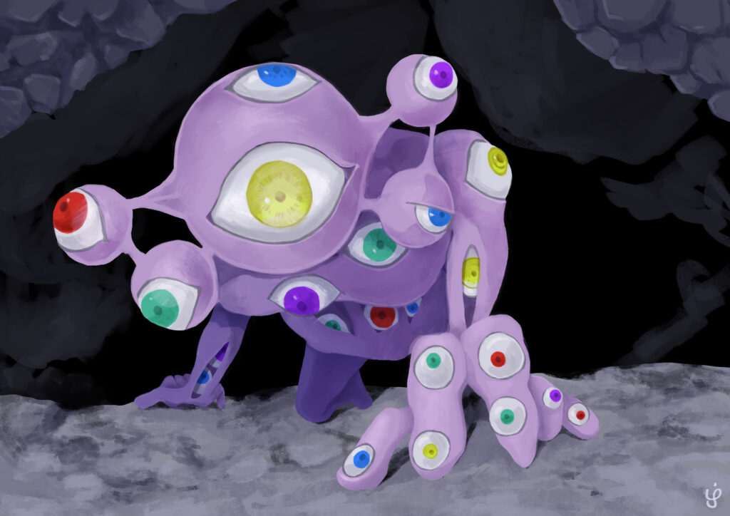 体の至る所に目がある紫の巨体。人型だが、体のあちこちに切れ目があり、そこから体内の目も覗いている。