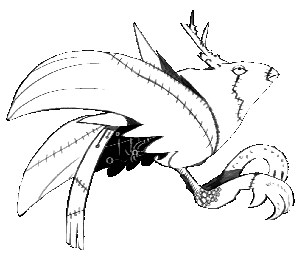 モノクロの鳥のイラスト。縫い目がところどころにある。