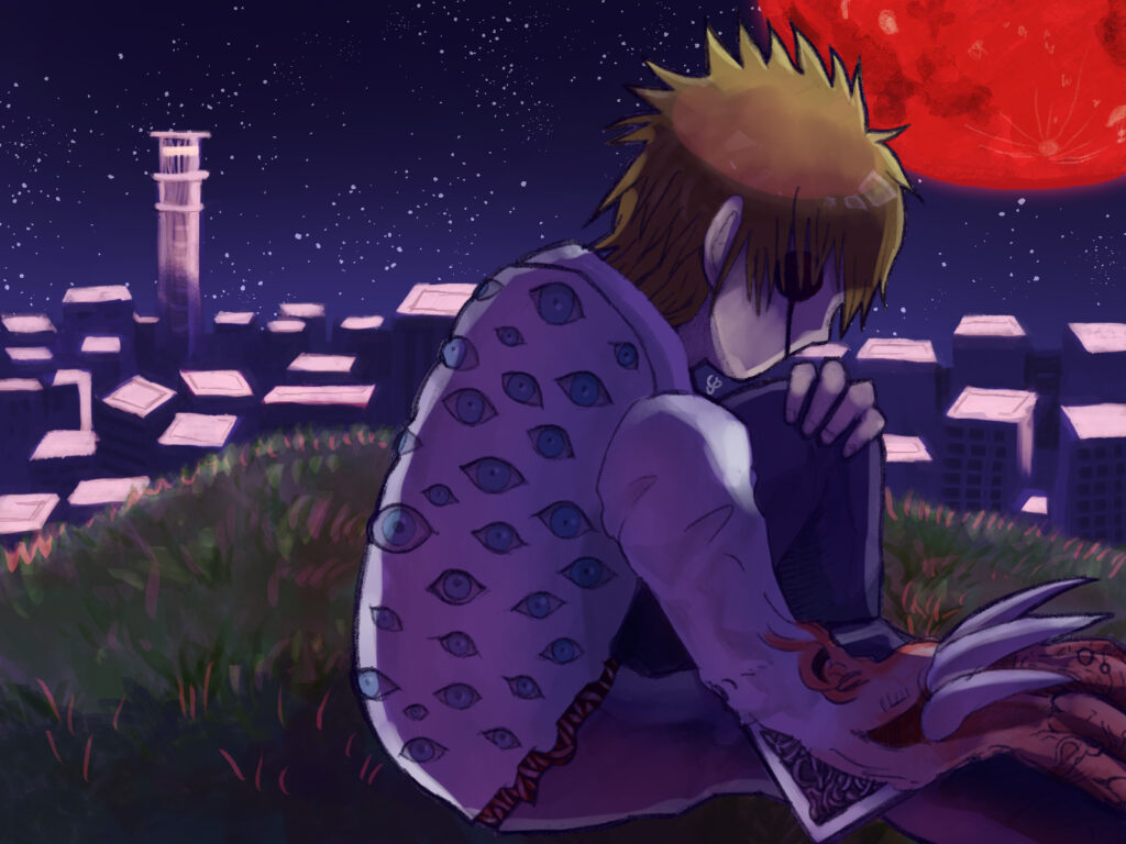 赤い月の下の丘で腰を下ろしている青年。眼窩はぽっかりと開き、背中には無数の目が開き、右手は怪物のものへと変わりつつある。