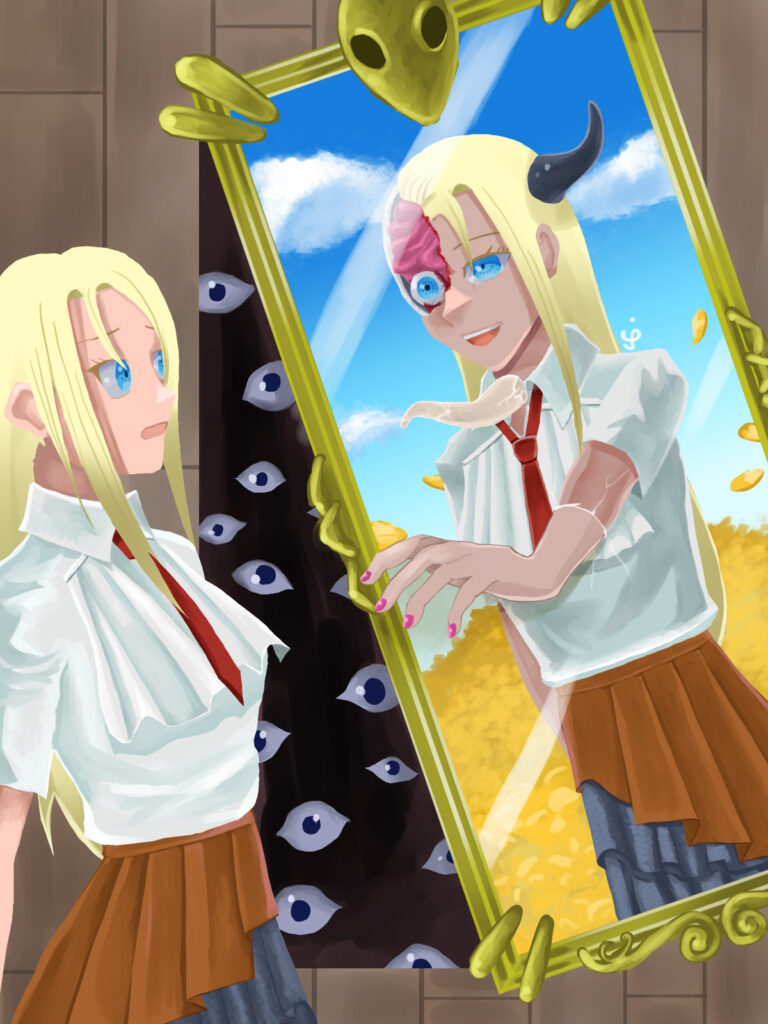 傾いた鏡の中には青空と花畑、そして顔が崩れ、喉から触手が伸びる少女がいる。鏡の外側で、異形ではないその少女が怯えた顔をしている。