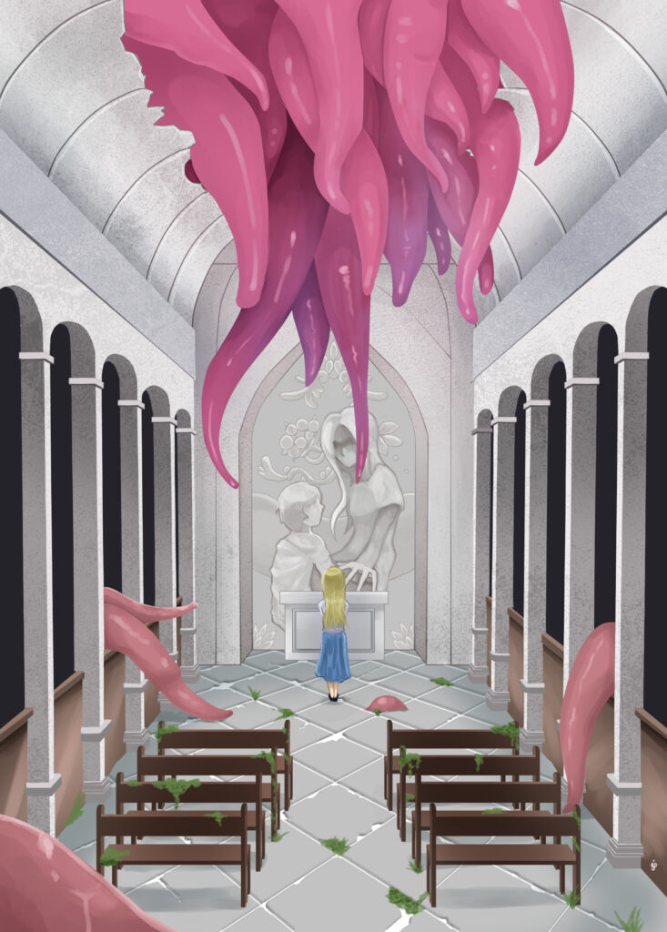 聖堂のようなところ。天井には穴が空き、ところどころ椅子などを草が覆っている。天井の穴から大量の触手が祭壇の前の少女に殺到している。