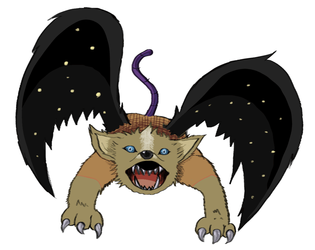 哺乳類を思わせる獣がこちらに向けて吠えている。背中から翼が生えており、そこには星のような点が散らばっている。尻尾はミミズか何かのようだ。